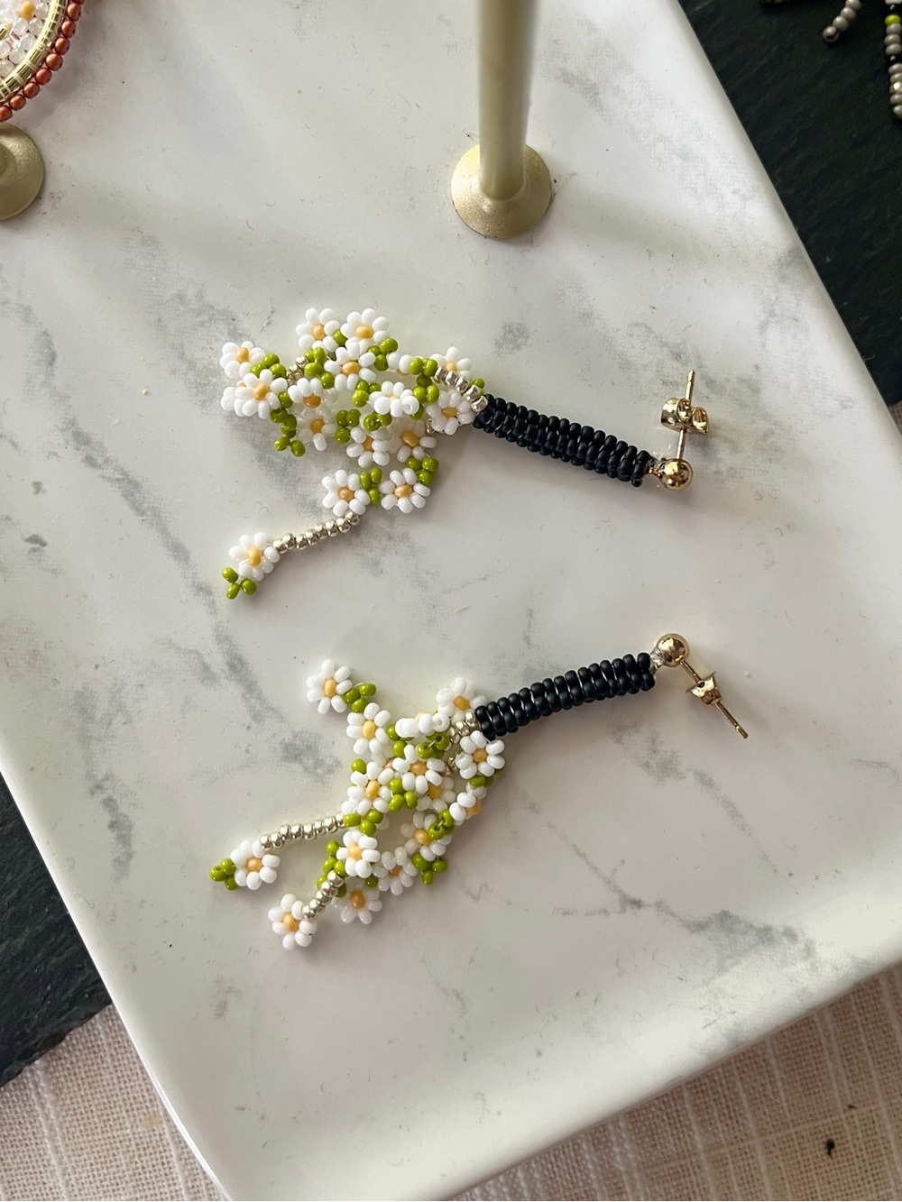Ivory Beaded Daisy Bouquet Floral Stud Earrings - ball post - Picture 2 of 4